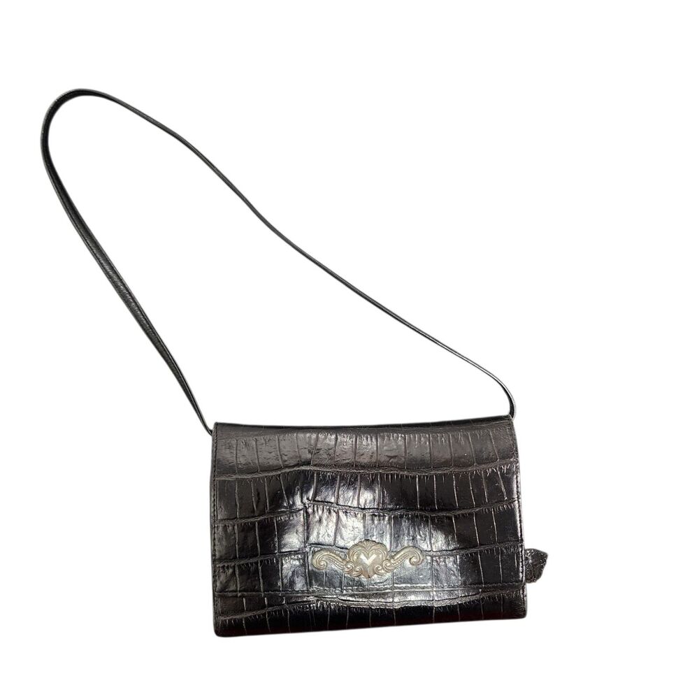 Brighton Black Croc Embossed Leather Crossbody Wallet Purse‎ Organizer